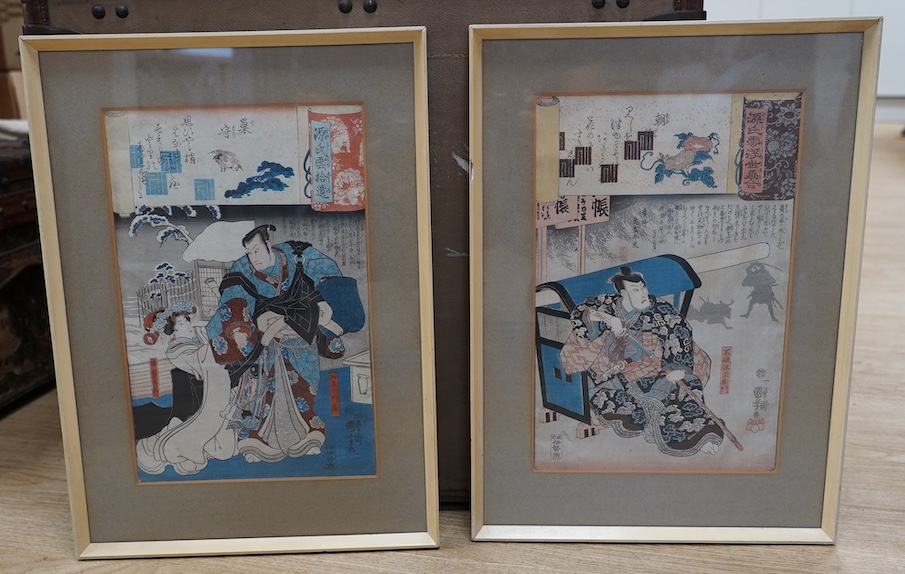 Utagawa Kuniyoshi (1798-1861), pair of Japanese woodblock prints, Figures with samurai swords, 34 x 22cm, Condition - fair